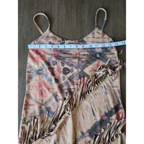 Y2K Kimika Ethnic Tribal Faux suede Shift Mini Dress w/ Fringe Euro Summer M - Picture 6 of 9